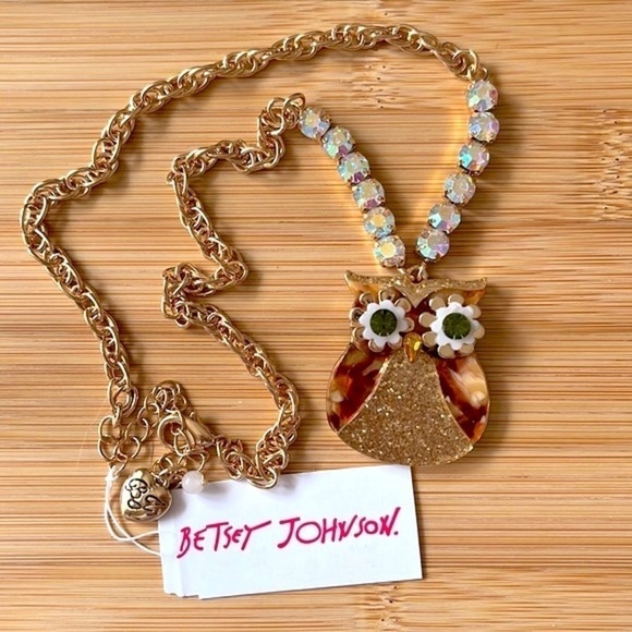 Brand New Betsey Johnson Owl Pendant Necklace Gold Tone Sparkly Fall Autumn - Picture 10 of 10